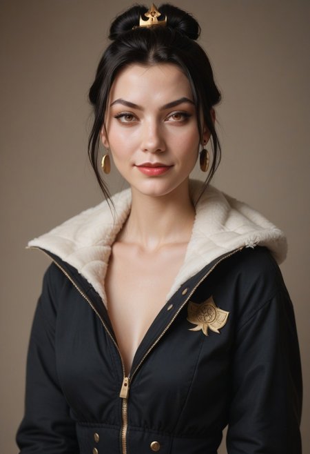 score_9, score_8_up, score_7_up,1girl, A Azula -looking woman with long dark hair, combed back. She is wearing a light jacket with pink and black details. The jacket has an eagle design on the left side of the chest and the word "MEX" in secret letters. Underneath the jacket, she wears a short black dress. The woman is standing, with one hand on her waist and the other at her side, showing confidence. She has a calm facial expression and a slight smile. She also wears small, discreet earrings.