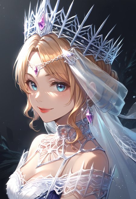 (score_9:0.9),score_8_up,score_7_up,rating_safe,anime style,(zPDXL),<lora:velkhana beta armor ponyXL v1.2:0.77>,velkhana armor,blue long dress,1girl,solo,close-up,upper body,lipstick,silver crown,indoor,looking at viewer,crossed arms,smile,