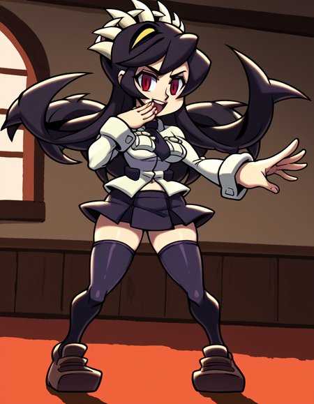 score_9, score_8_up, score_7_up, source_anime, <lora:skullgirls-filia-ingame-ponyxl-lora-nochekaiser:1>, filia, long hair, black hair, red eyes, prehensile hair, extra mouth, skirt, thighhighs, navel, school uniform, necktie, black thighhighs, miniskirt, zettai ryouiki,, house, home, family, rooms, yard, , <lora:ojou-sama-pose-ponyxl-lora-nochekaiser:1>, ojou-sama pose, laughing, smug, hand to own mouth, open mouth,, looking at viewer, solo,, dutch angle, cowboy shot