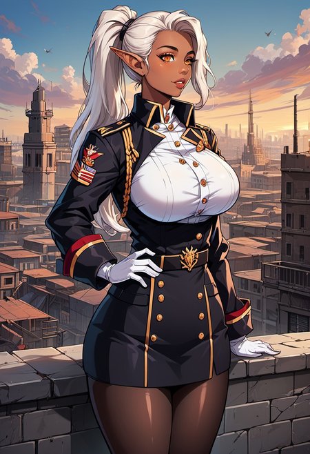 score_9, score_8_up, score_7_up, score_6_up, score_5_up, score_4_up, ANIMEShader, beautiful elven woman, (dark skin:1.3), long white hair in a ponytail, small cute button nose, soft round chin, detailed orange eyes, bright orange eyes, high definition eyes, detailed eyes, elf ears, huge breasts, military uniform, white gloves, black skirt, pantyhose, abandoned building, ruined city, rooftop, outdoors,
