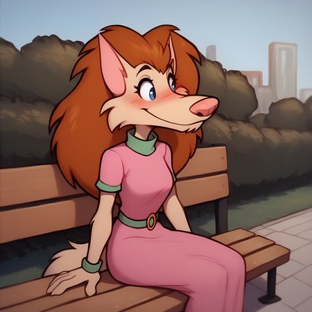 score_9, score_8_up, score_7_up, BREAK  <lora:FluffyWerewolf:1.1> fluffywerewolf, furry female, long hair,  pink dress, brown hair, blue eyes, smile, blush, park bench, sitting,