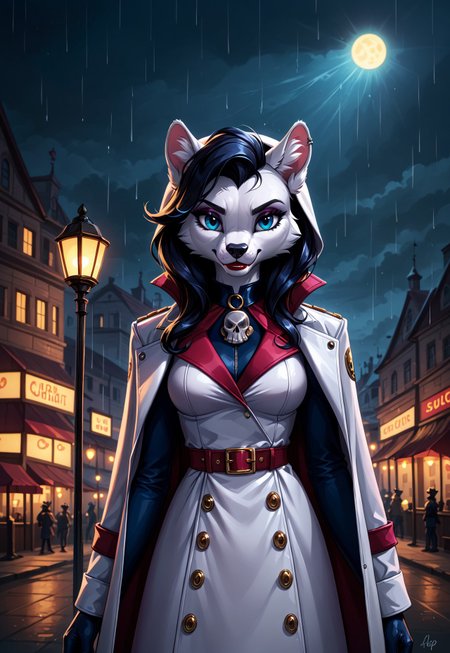 safe_pos, safe_pos, safe_pos, score_9, score_8_up, score_7_up, score_6_up, photorealistic, epiCPhotoGasm-colorfulPhoto, Realistic, highres, super high resolution, 8k, photo,  furry, anthro, female, 
In a rain-soaked city, a lone detective steps into the glow of a flickering streetlamp, her trench coat trailing behind her like a cloak of shadows. Her jet-black hair falls in sharp waves, framing her face, where a hint of crimson lipstick contrasts starkly against her pale complexion. Her dark, tailored suit is accented with subtle gothic flourishes—a lace cravat and silver skull cufflinks. In her gloved hand, she holds a cigarette, its faint ember glowing in the misty night, while the other grips a sleek revolver engraved with cryptic symbols. Her sharp, calculating gaze misses no detail as she stalks the rain-slicked streets, following clues that lead to secrets no one else dares uncover. A faint chill seems to follow her, as if the shadows themselves are her allies.furry, anthro