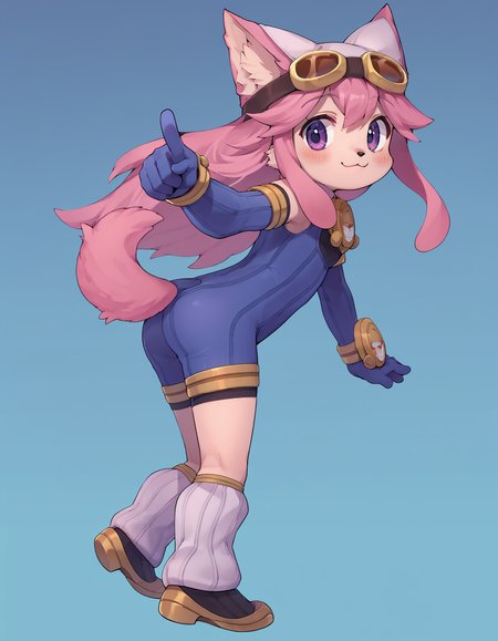 source_anime, score_8_up, score_7_up, rating_safe, chocolatsr, 1girl, furry female, dog girl, pink fur, long hair, pink hair, dog tail, body fur, purple eyes, animal ears, animal nose, bodysuit, elbow gloves, goggles on headwear, leg warmers, boots, blush, smile, :3, closed mouth, solo, full body, standing, from behind, from side, looking back, tail through clothes, cute, pointing, (pointing at viewer:1.2),  gradient background, blue background, embedding:zPDXL2