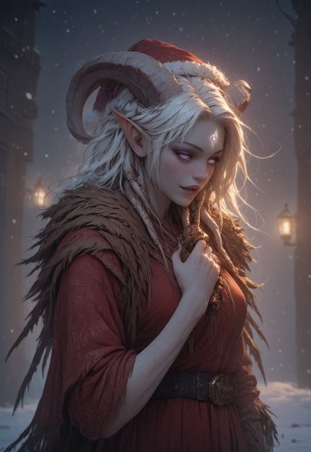 (absurdres, best quality, masterpiece:1.4), score_9, score_8_up, score_7_up, score_6_up, detailed, detailed body, detailed face, world of warcraft, fantasy, <lora:add-detail-xl:1.5>, 

fFaceDetail, ((female, draenei, tall, athletic arms, pale white skin, long white hair, purple eyes, no sclera, long white tail), (h0rns, ram horns, white horns), 
(long fingers, gold fingernails, gold nail polish)), 

alone, upper body, standing, looking toward viewer, soft smile, holding a present towards the viewer, 

Red santa dress with a white fur trim, red santa hat with a white fur trim, black belt with a gold buckle,

depth of field, evening, outdoor, harbour, snowing, light snow