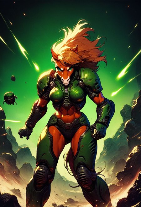 score_9, score_8, score_7, solo, doom girl, 1girl, armor, knva, anthro, horse, anthro horse, furry, battle, lasers, action,