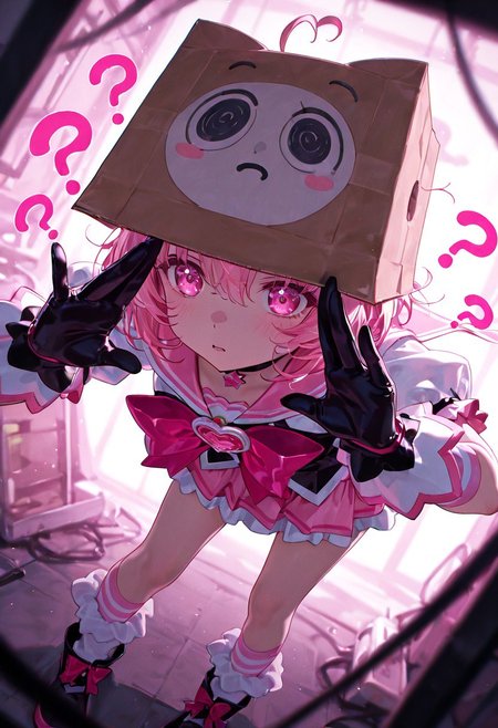 1girl, solo, box_on_head, question_mark_above_head, gloves, striped_socks, magical_girl_outfit, confused_pose, backstage_area, holding_resume, other_characters_staring, tilted_angle, full_body, comedy, whimsical, funny_expression, ultra_detailed, best_quality, pastel_colors, slice_of_wrong_life
, dynamic image
detailed hair, eyes, detailed skin, high contrast,