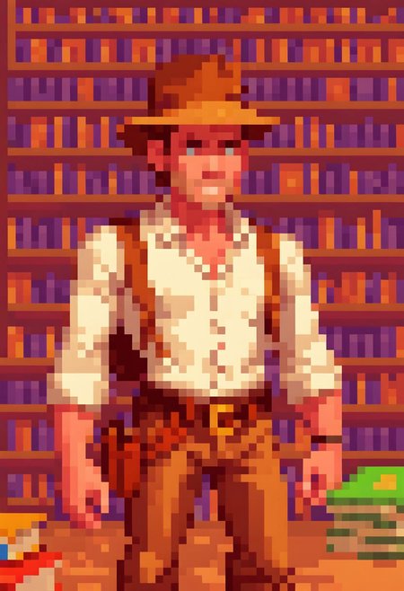pixel art PixArFK
lucasarts style,  
  indiana jones in a library