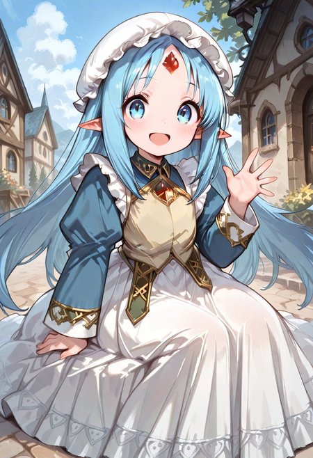 masterpiece, best quality, good quality, very awa, very aesthetic, absurdres, newest, gr4ph1t3, beautiful eyes, perfect eyes, detailed eyes, 1girl, solo, eset_kalar_il ,pointy ears,blue hair,long hair,blue eyes,red gem forehead,, Victorian style maid clothes, full sleeves, long apron, classic, maid mob cap, beautiful eyes, looking at viewer, happy, open mouth, on knees, very cute, blush, heartwarming, waving hand, closeup, outdoors, intown, fantasy
