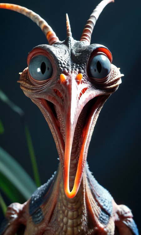 a close up of a bird with a very large beak and a very long neck and a large head, Adam Rex, weta digital, a character portrait, antipodeans, subsurface scattering, ultra hd, 4k, high def, Photorealistic, Hyperrealistic, Hyper detailed, analog style, realistic, masterpiece, best quality, ultra realistic, 8k, Intricate, High Detail, film photography, soft lighting,  heavy shadow