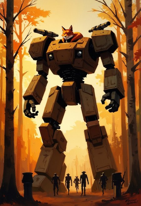 oil painting of a fox piloting a large bipedal mecha. It has 2 large fists and rocket launchers on its shoulder. The setting is the woods during sunset. Hunters are running away in fear.