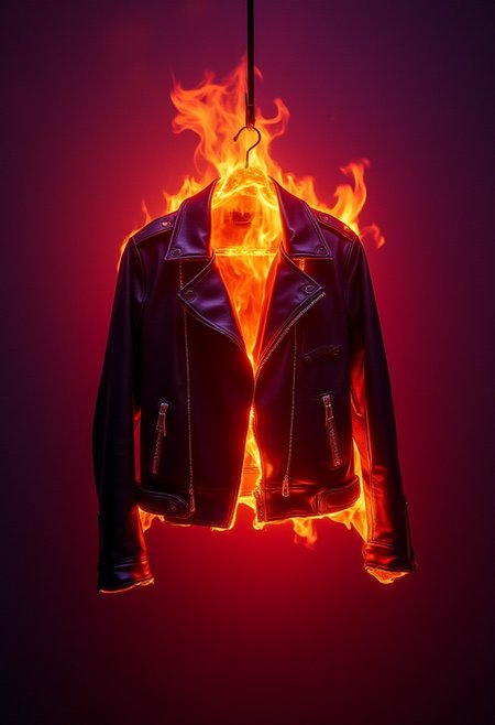 A leather jacket hangin on a coathanger completely engulfed in flames, inferno, blazing, concept art, masterpiece, perfect lighting, purple flames, 4k, absurdres,