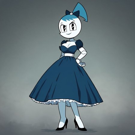 (Masterpiece, best quality:1.2), score_9, score_8_up, flat color, flat shading, soft shading, lighting, Jenny Wakeman as an adult, (((in a 1950's full length formal dark blue dress, a white belt, a fluffy frilly ruffled full white petticoat, and black high heels))), dress, layered petticoat, frilly petticoat, fluffy petticoat, full petticoat, detailed petticoat, wide skirt, detailed outfit, flowing skirt, (((long skirt))), (((solid dark blue colored dress, black high heels))), blue hair, series accurate, cute, best high quality, high res, robot, humanoid robot, (((giant breasts, cleavage))), whole body shot, 1girl, (((solo, outside, in a dark creepy forest, at night, heavy fog surrounding her, fog, heavy fog, looking at you, low angle))), (((evil, evil smile, determined evil eyes, posing gracefully and evilly))), low angle shot, cartoon, cartoon style, vector, solo, circle dress, 1950s, dance dress jenny, jenny wakeman, 1girl, solo, robot joints, black eyes, white skin, ponytail, hair bow, blue rose chest corsage, poofy dress, blue hair, flat lighting,
