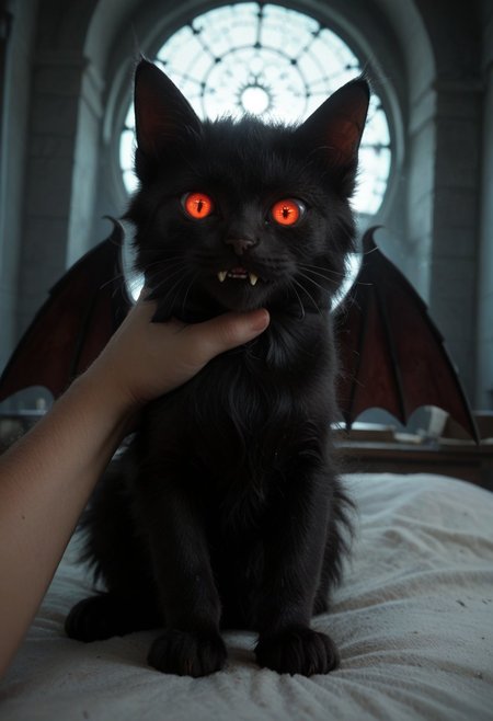 score_9, score_8_up, score_7_up, score_6_up, score_5_up, 
best quality, masterpiece,
catbat, no humans, animal focus, black cat, bat wings, cute, fangs, 
(angry:0.8), looking at viewer, glowing red eyes,
holding cat, pov hand,
full_of_soup, kitten, closed mouth, animal focus, lying, dutch angle,
witch laboratory background, soft dim light, cinematic, cozy, warm,