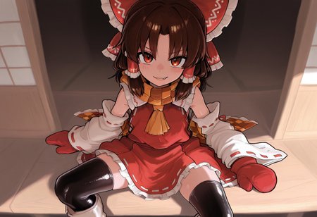 best quality, hires, extremely detailed, 
looking at viewer, 
1girl, solo, benikurage_(cookie), (hakurei reimu:0.8),
skinny,
fang,
brown hair, medium hair, parted bangs,
nontraditional miko,
frilled dress, frilled bow, yellow ascot,
orange checkered scarf,
red mittens, 
black thighhighs, 
white boots,