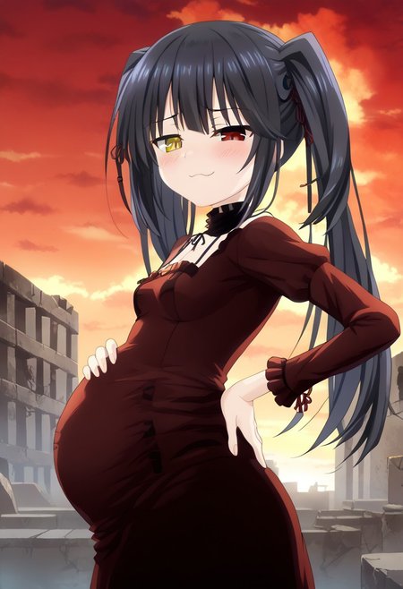 anime screencap, anime coloring, best quality,
outdoors, old city, ruins, sky
BREAK
hands on back, hand on own stomach,
kurng, long hair, black hair, twintails, red eyes, yellow eyes, heterochromia, clock eyes,
black tube dress,
standing, legs apart,
looking at viewer, blush, smug, half closed eyes, 
upper body, from side, (bloated stomach:0.8)