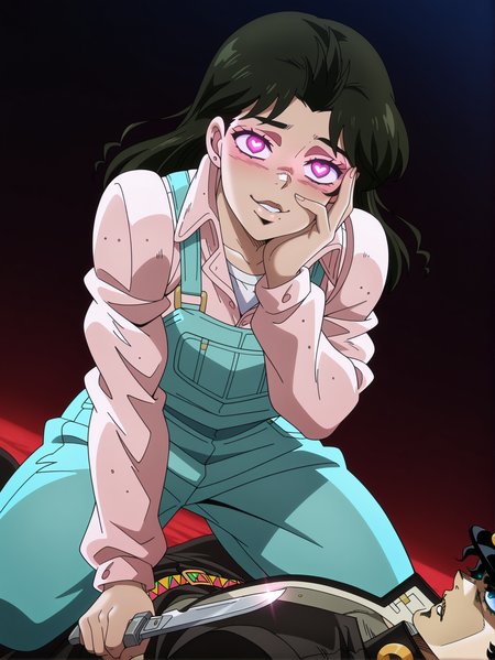 masterpiece, best quality, amazing quality, absurdres, newest, dynamic_angle, defined facial features, anime coloring, anime screencap, full body, 
 <lora:Anne_Merlai_IL1.1v0:1> merlai anne, pink shirt, green overalls, white undershirt, yandere trance, glowing eyes, dark background, heart-shaped pupils, holding switchblade knife, girl on top,
1boy, kujo jotaro, kujo jotaro on ground,
