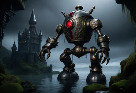 giant bipedal robot pewter silver and ruby red stripes and bronze gold paisley robot. lacy robot cube spiked. head. outside of a steampunk keep. large detailed torso. dark image. one forty foot tall ancient robot with great arms and two heavy spring legs. dark foggy night background. $dark foggy night image only. dark photo realistic image. steampunk details. cogs, chains and pipes incorporated in the fantasy buildings. magic wizards tower in background. Dark swamp, moss, castle ruins, wizards tower. stormy dark night. small floating machines