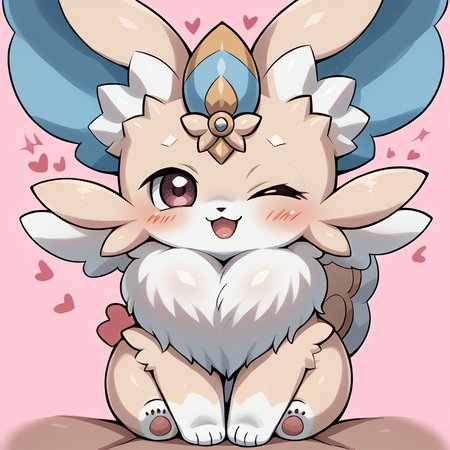anime style,solo,1boy,  furry, purrely, sfw,ygo, pink background, hearts, one eye closed, cute,  <lora:YGO:1>, <lora:Purrely:1>