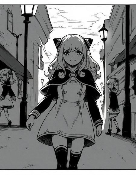 score_9, score_8_up, score_7_up, source_anime, <lora:ashe-talton-manga-ponyxl-lora-nochekaiser:1>, rengoku ashe, long hair, greyscale, monochrome,, thighhighs, long sleeves, capelet, cape, dress, white dress,, city street, evening, streetlights, walking dog, quiet neighborhood, gentle breeze, smile, looking at viewer, solo,, cowboy shot, dutch angle