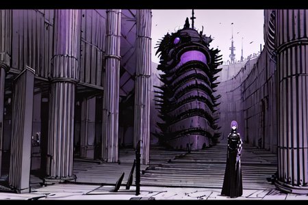 highly insanely detailed, masterpiece, top quality, best quality, highres, 4k, 8k, RAW photo, (very aesthetic, beautiful and aesthetic),  
tsutomu nihei,nihei_tsutomu,blame!,blame gakuen!,abara,TNstyle,sidonia_no_kishi,concrete walls,metal walls,dome,bones,fence,drainpipe,lantern,letterboxed, 
<lora:blameLora_v10:0.8>, 
(1girl:1.3), 
solo focus, 
roman architecture background,(pure purple background,transparent background:1.2),âââ