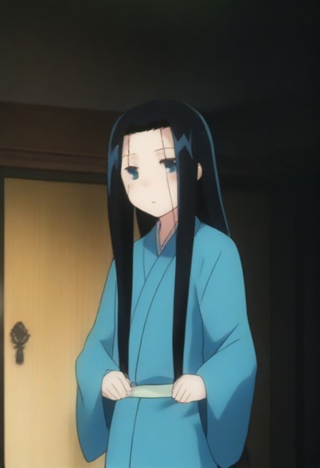 Masterpiece, Top Quality, source_anime, anime screencap, source_anime, auratheguillotine, anime screencap, masterpiece, source_anime, shiny skin,,,,anrakutei, blue_eyes, black_hair, very_long_hair, blue_kimono, long_sleeves, wide_sleeves,