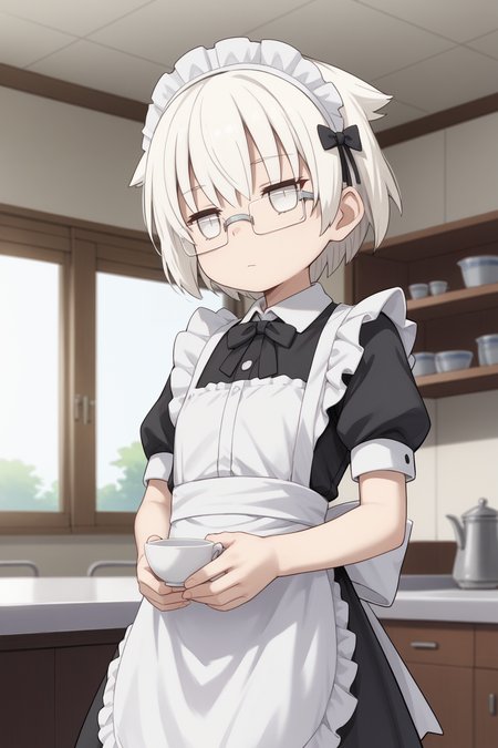 score_9, score_8_up, score_7_up, source_Anime, 1girl, y4m4sh1t4u3n0s4n, short hair, white hair, glasses, white eyes, jitome, maid,  maid apron, indoors, solo <lora:YamashitaUenoByJuninholara21:0.8>