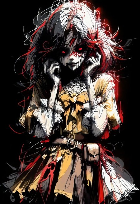 score_9, score_8_up, score_7_up, 
deep skin, skindentation, highres, highly detailed, high resolution, high quality, highres,
source_anime, anime screencap, saturation, vivid colors, 
1girl, solo, cowboy shot, 
black hair, red eyes, medium hair, (messy hair:0.8), bags under eyes,
(yellow steampunk dress:1.1), (magical girl dress:1.1), (brown shorts:1.2), roll out shorts, black tights, long black sleeves, utility belt,
gesugao, (blood on face, blood on body, excessive blood, bloodied hands), hands on cheek, (looking at viewer:1.2),
red sketch, monochrome, black background,
chaos, messy sketch, madscribblestyle