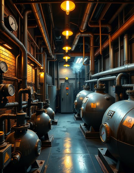 A highly detailed and realistic photograph of an industrial boiler room filled with large metal boilers, complex pipe systems, and pressure gauges. The room is dimly lit with a mix of warm yellow lighting from overhead industrial lamps and cool blue reflections from metallic surfaces. The air is slightly hazy with steam escaping from some of the pipes. The floor is made of reinforced concrete with visible stains from oil and water. Various control panels with blinking LED indicators and warning signs are mounted on the walls. The atmosphere is rugged and mechanical, evoking a sense of power and industrial efficiency. The depth of field is sharp, capturing intricate details such as rust on old pipes, the texture of the metal surfaces, and the labels on the control panels. The composition emphasizes symmetry, with pipes and machinery creating a structured, almost futuristic aesthetic. 
<lora:SDXLFaeTastic2400:0.4> <lora:extremely_detailed:0.4> extremely detailed,<lora:industrial_boiler_room:1>,industrial b01l3r r00m, Masterpiece,best quality,hi res,8k,hi res,8k,award winning,(sharp focus, intricate, highly detailed),