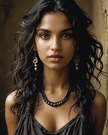 Half-length portrait of a gypsy girl (Anna Dittmann features), front view, wavy black hair, loose and messy hair, locks on the face, wind, hyper-detailed black eyes, direct gaze, dark skin, straight nose, full lips, ( open mouth: 0.5), (smile:0.5), long face, black scarf around the neck, earrings, fashion style, (Steve McCurry, Herb Ritts, Mario Sorrenti), jasmine, musk, sensuality, earth tones, background dark Venetian stucco wall, studio pose, side light, high contrast, photo quality, 4K