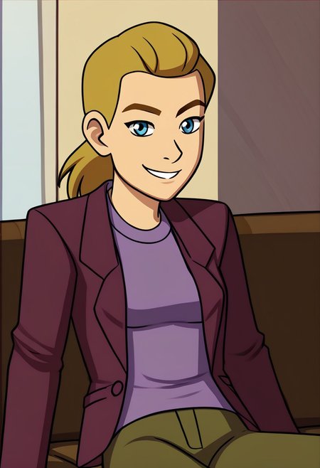 ((flat colour, solo,)) 1girl, CHAdora, ADOHair Style, blond, blue eyes, (((wearing CAMaroon Blazer and Purple Under Shirt))), solo, medium breasts, sitting, sofa, window, bedroom, indoors, smile,