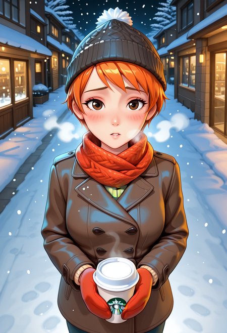 Graphic Design, color art, vibrant colors, colorful, intricate details, high contrast, detailed background, beautiful detailed, beautiful face, detailed eyes, detailed face, new, 1girl, solo, l3r4, short hair, orange hair, brown eyes, medium breasts, winter, snow, winter clothes, looking at viewer, dynamic pose, perspective, night, street, dark, cowboy shot, from above, high angle, steamy breath, holding starbucks cup, coffee, snowing, snow flakes, blush, parted lips, shy, scarf, mittens, beanie, (masterpiece, best quality, newest, recent, absurdres),