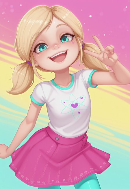 fc7ilf, chelsea_illus_casual, twintails, aqua eyes, blonde hair, white shirt, short sleeves, pink skirt, leggings, 1girl, solo, abstract background, looking at viewer, upper body, smile, v, dynamic pose, open mouth, dynamic angle, colorful background, detailed, masterpiece, absurdres, highres, newest,