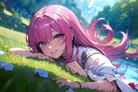 (masterpiece:1.4), 4K8K, (anime style), (high shutterspeed:1.4), (sharp edges), 
SyFyEye1, FanFo, 
1woman  hands togather,  leaning foward, face focus, smile, closed mouth, 
wearing Celtic style dress, (Detailed face, Detailed eyes, Detailed lips), (solo), 
pink hair, any colored roses, Fantastic, grass firld, river-side,