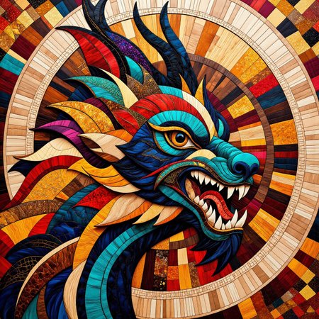 cs-m4rq style colored marquetry exploding demon. <lora:Marquetry_v1_e8:0.8> <lora:midjourney_whisper_chromaplex_v1:0.6> <lora:Embroidered_Quilting_Flux:0.6>