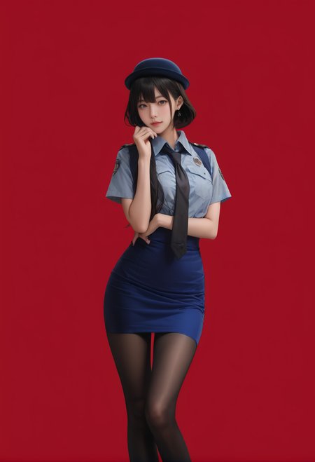 1girl,solo,red background,,ruanyi0820,black necktie,hat,blue shirt,blue skirt,black pantyhose,short sleeves,<lora:0820 tokisaki kurumi policewoman fan costume_v1_pony:1>, score_9,score_8_up,score_7_up,,8k,1girl,solo,,