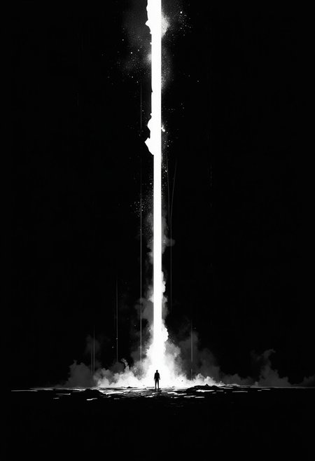 A vast, endless void of pure black, where light itself seems to be devoured. At the very bottom of the composition, barely distinguishable from the abyss, stands a lone silhouette—small, fragile, unknowable. A single, narrow ray of cold, pale light cuts through the darkness, illuminating a tiny patch of the unseen ground near the figure. The beam feels almost divine, out of place, as if some higher force is acknowledging this lone presence in the void. Dust particles float within the beam, shimmering like lost stars in a dead universe. The silence is suffocating, yet heavy with unspoken meaning—something lingers beyond the edges of perception, an untold story unfolding in the pitch-black nothingness.