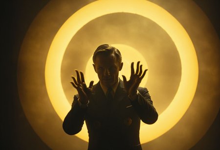Bama1966 Style, Describe the silhouette of batmans glitched hands casting circular spells, circular vibrant glowing yellow rings in each hand,  against a bleaked black backdrop in the style of the iconic 1977 James Bond opening sequence, shrouded in black silhouette, illuminated from behind by a spotlight cutting through mist.
atmospheric haze, Film grain, cinematic film still, highly detailed, high budget, cinemascope, moody, epic, OverallDetail, gorgeous, 2000s vintage RAW photo, photorealistic, candid camera, color graded cinematic, eye catchlights, atmospheric lighting, skin pores, imperfections, natural, shallow dof,