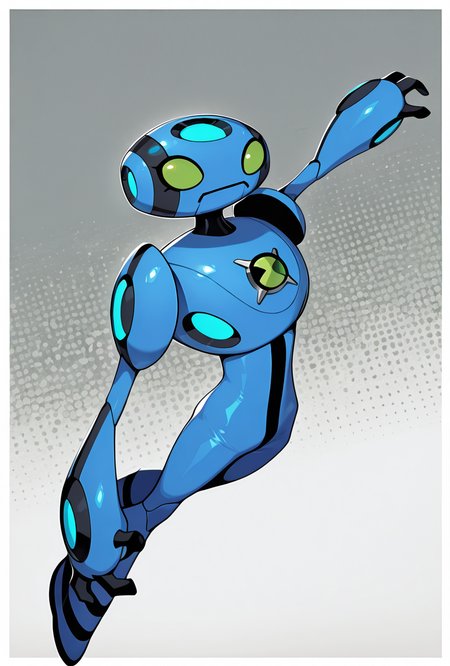 <lora:ulteco-10:1> ulteco, pokemon (creature),blue robot, green eyes, closed mouth, dynamic pose,, masterpiece, best quality, amazing quality, very aesthetic, absurdres, newest,, upper body, halftone effect, white borders, abstract background:1.2,