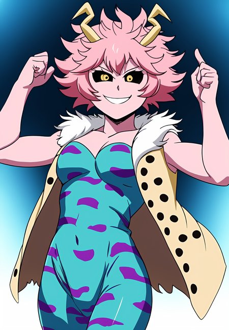 <lora:mina_ashidov2:0.8>, mina_ashido, (masterpiece, best quality,perfect lighting), 1girl, solo, smirk, strike a pose, portrait, vest, fur trim, hands up, superhero, open vest, unitard, cleavage, bare shoulders,