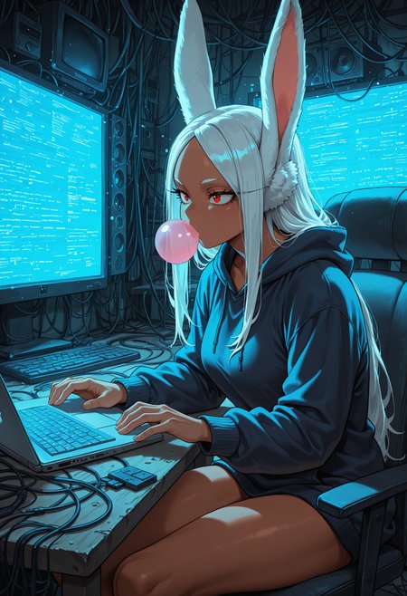 masterpiece, best quality, highres, absurdres, very awa, 1girl, solo, okrim, dark-skinned female, muscular female, rabbit ears, rabbit girl, white hair, long hair, long eyelashes, parted bangs, naked hoodie, hoodie, bottomless, (cable), screen, television, wire, static, multiple screens, glitch, multiple televisions, table, computer, sitting, typing, laptop, looking at object, red eyes, drawstring, chair, blowing bubbles, chewing gum