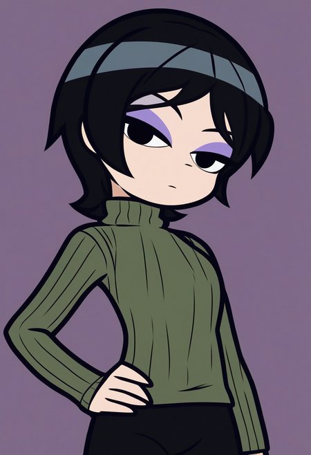 hollieh, 
1girl, solo, hand on hip, looking at viewer, head tilt, black hair, short hair, eyeshadow, turtleneck sweater,