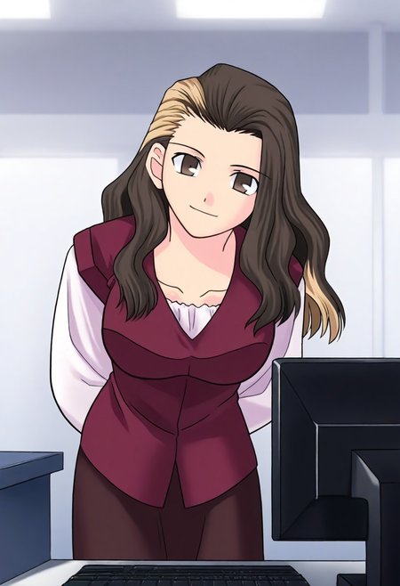 masterpiece, best quality, <lora:Tsukihime NXL:1>,solo,masterpiece, best quality, 
1girl, female focus, large breasts,  solo, brown eyes, brown hair, dark brown hair, black hair, blonde streaks in hair, multi-colored hair, long hair,wavy hair, hair part, side part, hair slicked back, small mouth, short nose, small nose, cute face, 
indoor, office, head tilt, hands behind back, leaning forward, quarter view,  innocent smile, 
computer,