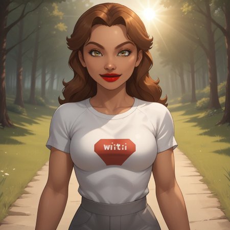 score_9, score_8, BREAK, solo, wii, mii, wii sports, 1girl, female mii, dark yellow eyes, black eyeshadow, auburn hair, red lips, lipstick, big lips, white clothing, gray pants, cute, nintendo mii, modern_mii, classic_mii, breasts, naomi_(\wii_sports\), sexy pose, smile, outdoors, sunlight, shadows, evening lighting, natural lighting, forest, trees, grass, orange sky, sunset
