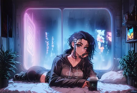 score_9,score_8_up,score_7_up,score_6_up, 1girl, 
 sitting in bed next to a large window, holding coffee cup, steaming coffee cup on windowsill, wearing croptop hoodie, black croptop hoodie, long hair, black hair, low ponytail hairstyle, pov from outside, view from putside the window looking into the room, looking out window, head resting on pillow laying on the bed, hoodie, plants on the windowsill, looking out the window, looking at viewer, background is the bedroom, tidy bedrrom, small room, cramped bedroom, teddies on the bed,, wearing legging, see through thights, black tights, cyberpunk city view out of the window, neon light, purple neon lights, has a vape