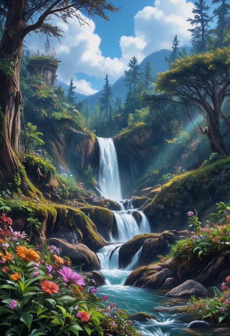(masterpiece:1.1), (highest quality:1.1), (HDR:1.0), bush, cloud, day, field, flower, forest, garden, grass, jungle, natural spring, landscape, moss, mountain, nature, no humans, outdoors, overgrown, path, plant, pond, rainbow, river, rock, scenery, sky, stream, sunlight, tree, tree stump, water, waterfall