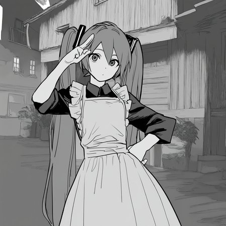 house,salute,solo,two-finger salute,white apron,hatsune miku,
masterpiece,best quality,amazing quality,very aesthetic,highres,absurdres,
ftstyle,<lora:ftstyle-noob05-v2-000007:1>,monochrome,greyscale,