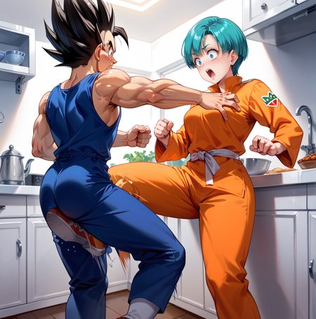 score_9, score_8_up, score_7_up, best quality, masterpiece, source_anime, rating_safe , zPDXL2, BREAK,  1boy, 1girl, vegeta, bulma, shocked, pain, open mouth ,crotch kick, kicking  ,ballbusting, knee kick,  kitchen  ,<lora:crotch_kick:1.8>   from side