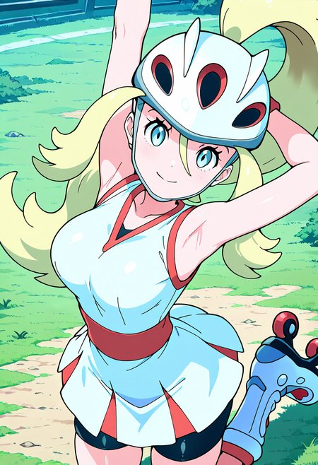 masterpiece, best quality, 1girl, solo, eyelashes, (beautiful eyes), shiny skin, looking at viewer, smile, large breasts, zzKorrina, blue eyes, hair between eyes, blonde hair, long hair, ponytail, hair between eyes, two side up, white gloves, fingerless gloves, white dress, bare arms, sleeveless dress, black shorts, short dress, helmet, grass, high ponytail, bike shorts, roller skates, shorts under dress,   <lora:KorrinaPokemon_IXL_v1:1.0>, arms up, stretching, upper body, smile, looking at viewer,