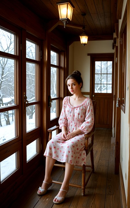 <lora:pytorch_lora_weights_361535:1>,zPDXL3,(full body photo:1.4),(full body:1.4),(full shot:1.4),(full body shot:1.4),,A 29 year old Gibraltarian Woman,[[[jade green eyes,nose ring,long,Titian curly hairs,Half-Up Bun cut,   effect ,Compromised expression, Furrowed brows, tight lips, hesitant expression,Elegant silver eyes with a smoky effect and a classic crimson lipstick]]],pale skin,(slender body:1.1),fitness:1.2),flat chest sagging,hanging breasts,Dressed in create powerful and varying colors patterns Pink, Coral Mermaids print playful, knee length dress with a fitted bodice and flared sleeves, made of breathable fabric,Sitting back in a rocking chair on a porch, with a beautiful view of a sunset and a gentle breeze blowing through,Coastal Dining Room, Light and airy, this dining room showcases a driftwood table, white slipcovered chairs, and nautical decor, Soft blues and whites evoke a beachy feel, while large windows invite natural light,A quiet winter night with soft snowflakes gently falling, illuminated by the soft glow of street lamps. The atmosphere is serene and peaceful, evoking feelings of warmth and comfort,