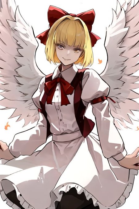 solo_focus, 1girl, ((white background, simple background)):2, (((masterpiece))), ((best quality)), ((ultra-detailed)), high resolution, absurdres, highres, ultra-detailed 8k unity wallpaper, 
solo, 1girl, gengetsu, 
arcueid_\(tsukihime\), 
solo, 1girl, smile, short_hair, shirt, breasts, blonde_hair, bow, long_sleeves, skirt, ribbon, dress, yellow_eyes, hair_bow, thighs, collared_shirt, red_bow, wings, vest, bowtie, black_pantyhose, red_vest, pink_shirt, red_bowtie, feathered_wings, pink_dress, open_vest, white_shirt_white_skirt, white_shoes, blonde_short_hair, red_head_bow_ribbon, one_piece_head_bow_ribbon, bow_ribbon, white_angel_wings, white_drees, brown_vest, wear_outside, twin_wings,